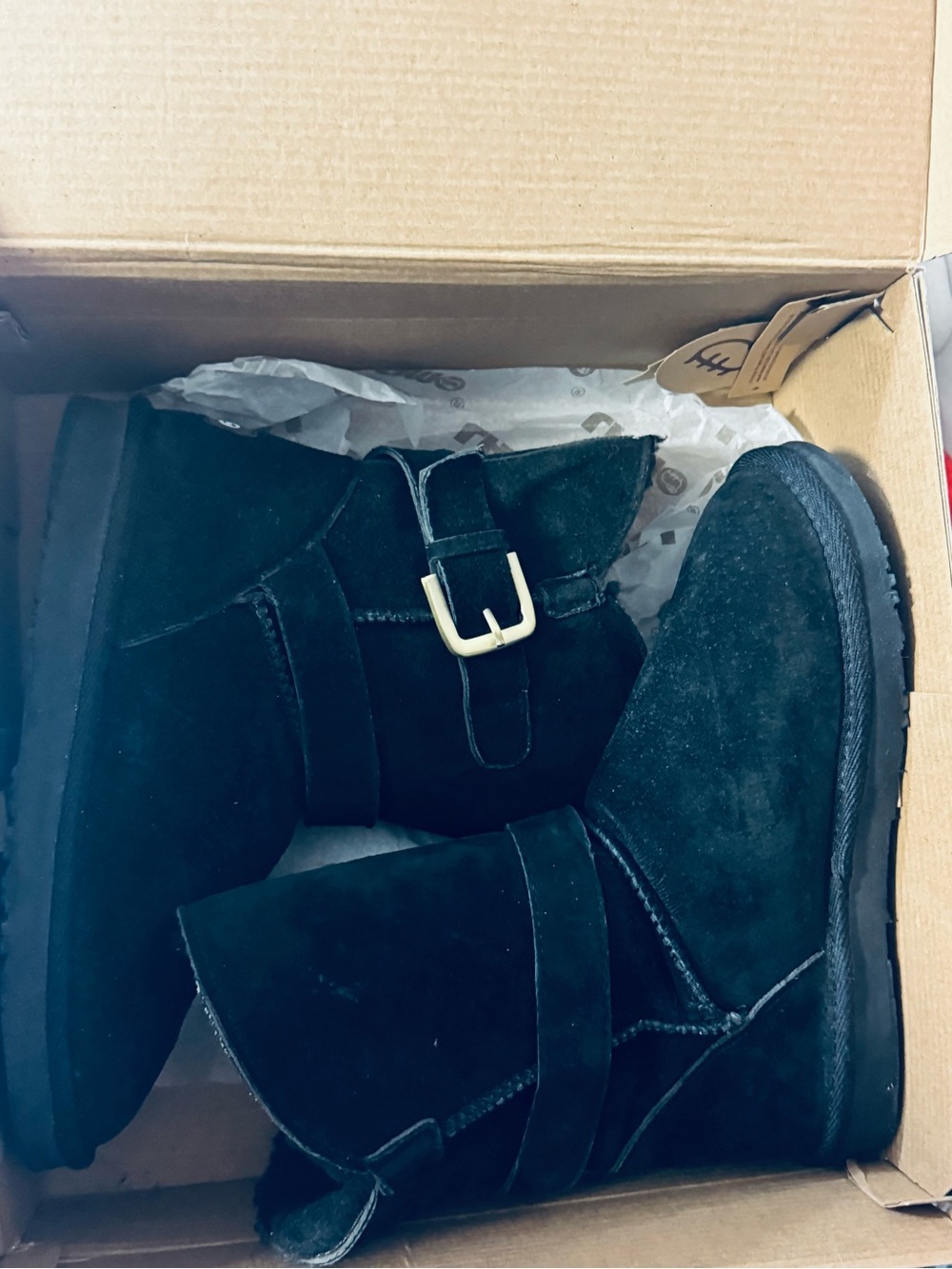 Lamo Black Suede Ankle Booties with Gold Buckle